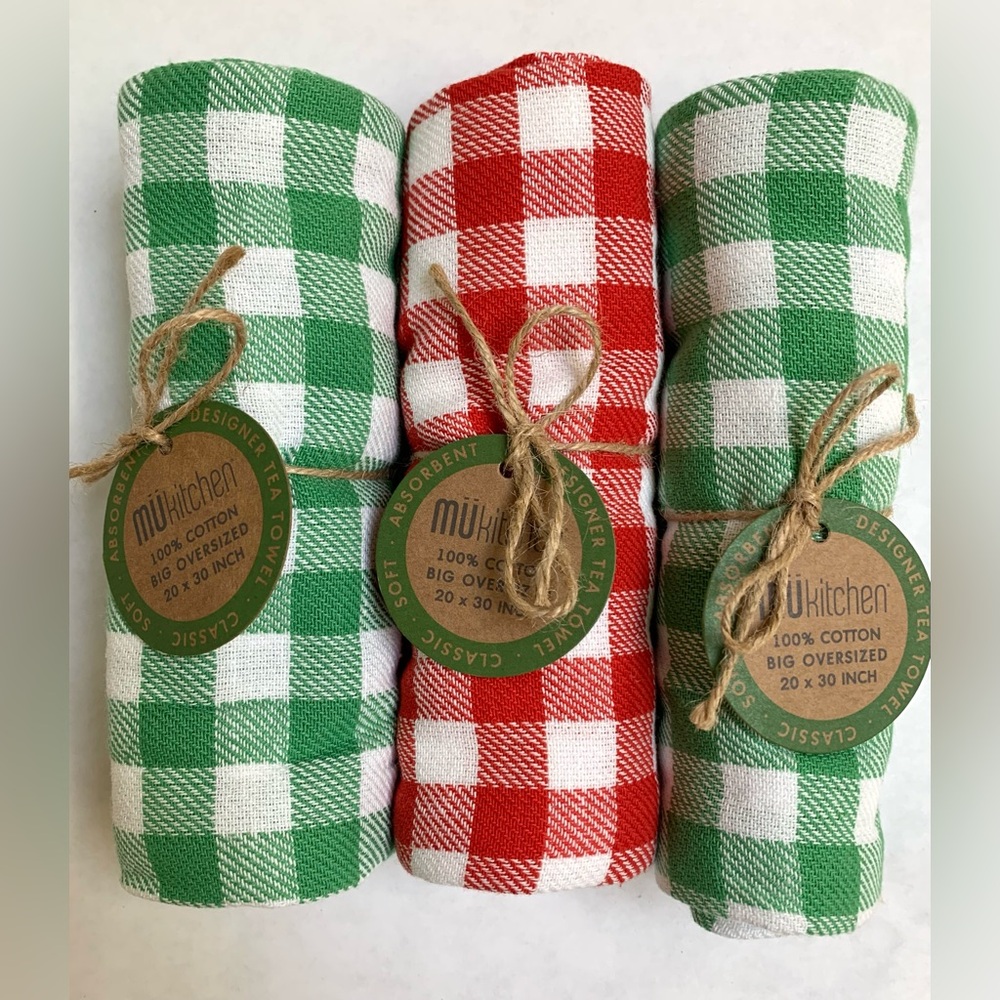 3 MU Kitchen Tea Towels 20x30 in oversized red green white check buffalo plaid